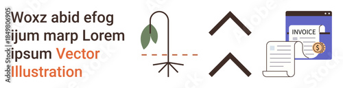 Billing systems, eco-consciousness, productivity, task automation, financial management, digital tools. Symbols include a drooping plant, arrows and an invoice file. Billing systems