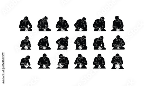 set of diamond cutter silhouettes working in various poses on a white background