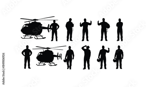 set of emergency helicopter pilot silhouettes ready for takeoff in various poses on a white background
