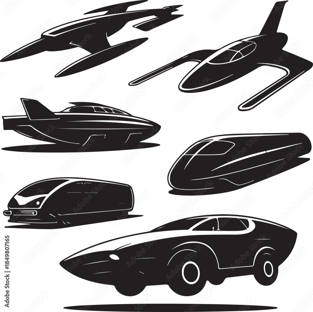 Fototapeta premium Futuristic Transport Vehicle Silhouettes Collection
