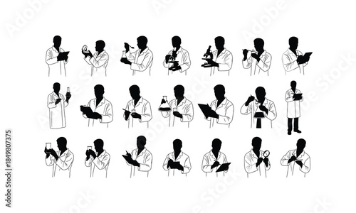 Set of food scientist silhouettes inspecting product in various poses on a white background