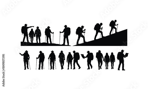 set of hiking guide silhouettes leading group in various poses on a white background