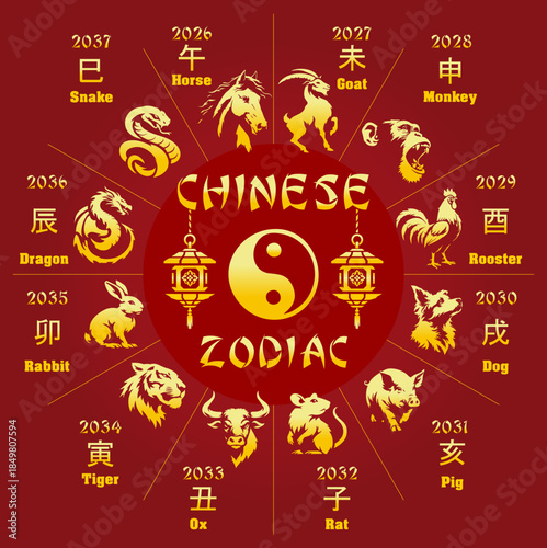 Chinese Zodiac Wheel with 12 Astrology Animals, Yin Yang Symbol, Red and Gold Traditional Lunar Calendar Illustration. Vector illustration