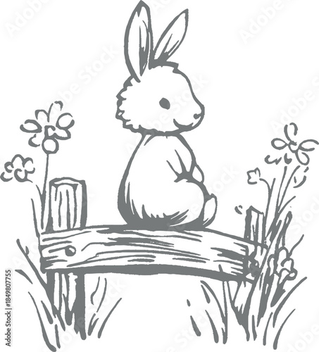 Cute Easter bunny sitting on wooden fence surrounded by blooming flowers in rustic countryside hand-drawn vintage monochrome engraving sketch for spring holiday decor greeting card design