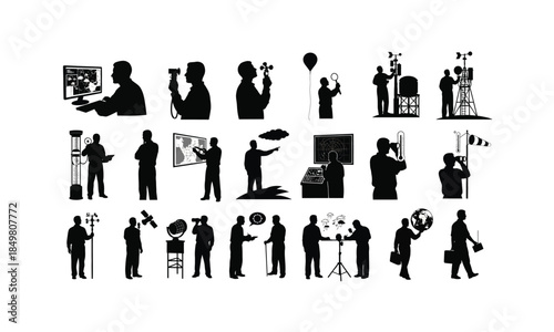 set of meteorologist silhouettes checking weather instruments in various poses on a white background