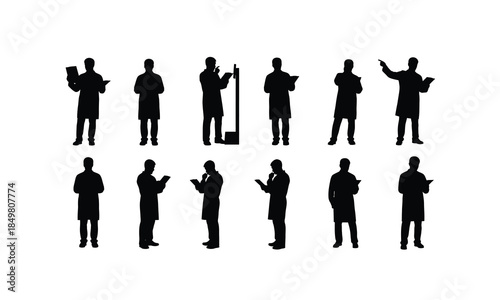 Set of medical researcher silhouettes holding clipboard in various poses on a white background