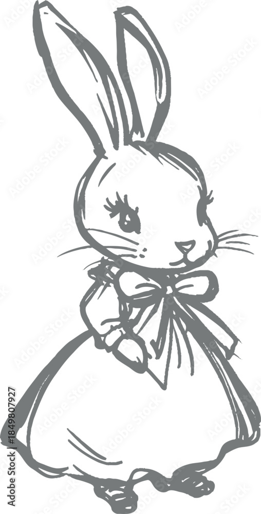Naklejka premium Elegant bunny rabbit wearing dress and bow vintage monochrome hand drawn engraving style illustration classic woodland character retro artistic Easter nature sketch