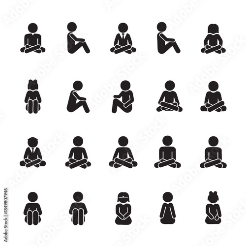 Collection of diverse people silhouettes sitting in various poses and attire