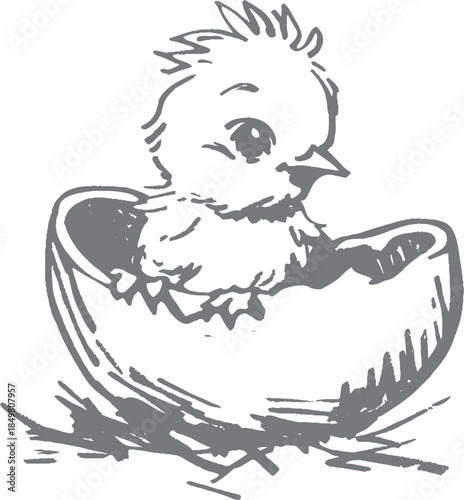 Vintage Easter chick hatching from egg monochrome hand drawn illustration holiday festive engraving rustic artwork greeting card coloring book cute farm animal nature