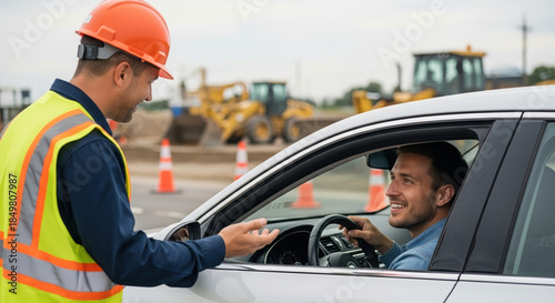 Construction worker talking to a driver in a car at a roadwork site. Man in hard hat and safety vest communicating with smiling driver. Safety and guidance concept