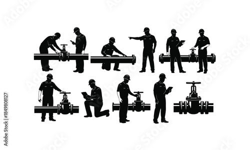 set of pipeline inspectors checking flow in various poses silhouette on white background