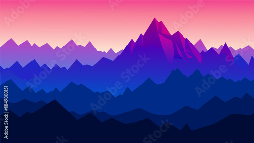 Vibrant Layered Mountain Landscape Illustration with Stunning Purple and Blue Gradient Hues, Ideal for Abstract Digital Backgrounds and Serene Art
