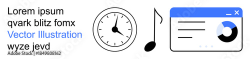 Time organization, data analysis, music apps, digital tools, productivity, information sharing. Clock, music note pie chart modern interface window. Time organization and data analysis