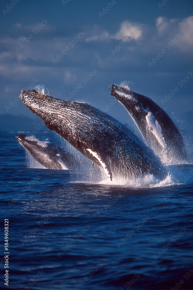 Fototapeta premium Pods of humpback whales gracefully leap from the ocean in a stunning display