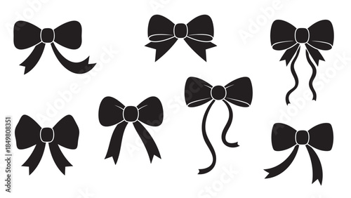 Collection of Various Black Ribbon Bows for Decoration or Craft Projects