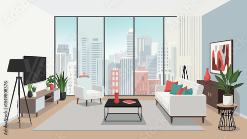 Modern apartment living room interior with contemporary furniture and a panoramic city skyline view, perfect for urban dwelling