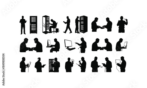 set of server administrators managing networks in various poses silhouette on white background