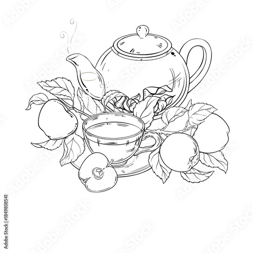 Apple Tea in Teapot aroma beverage Outline Illustration. Vector isolated for Design and Decoration for Cafeteria, Posters, Banners, Cards.