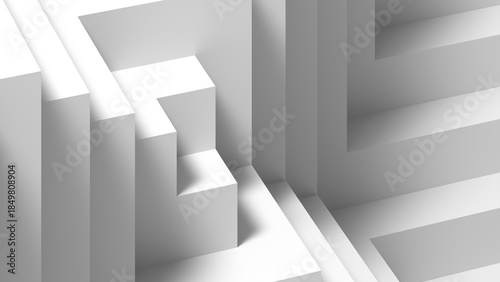 Abstract white scene featuring layered stair shap structures, 3d render