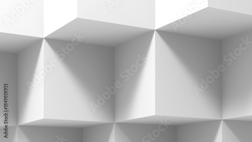 Abstract composition of white cubes casting subtle gray shadows, 3d