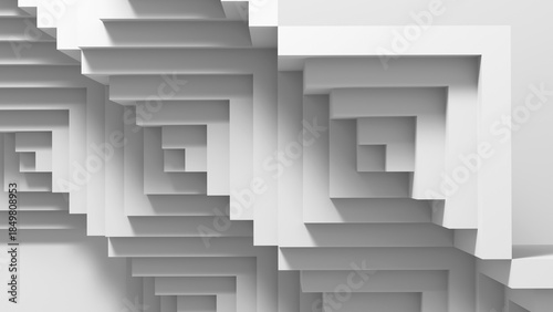 A striking white geometric composition featuring nested square staircases, 3d art