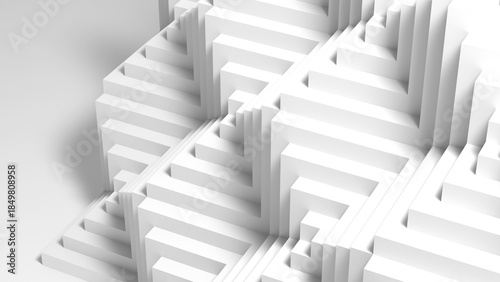 A stark white abstract staircase forms a geometric maze of blocks and steps. 3d render
