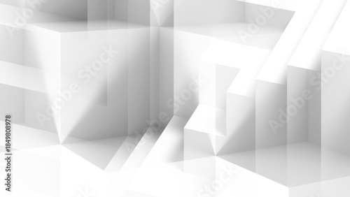 Abstract white minimalist scene featuring layered blocks and dramatic light stripes, 3d