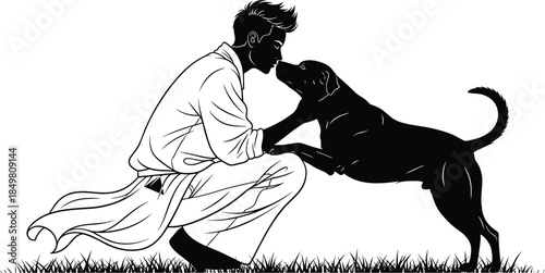 Silhouette of person kneeling with dog in affectionate pose, showing emotional bond, love, trust, and peaceful outdoor pet connection