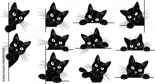 Black cat peekaboo cartoon illustrations, cute feline expressions, playful kitty poses, vector art for Halloween, pet decor, design elements
