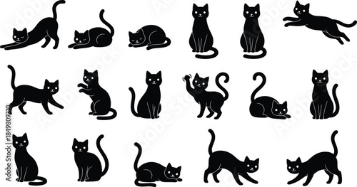 Black cat illustrations, feline poses, cute cartoon cats, playful black kittens, animal vector set, pet clipart, silhouette style, white background