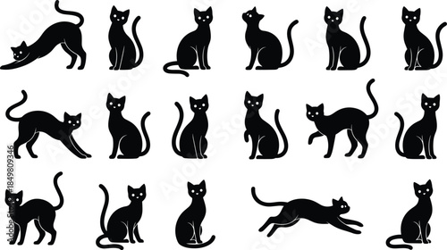 Black cat silhouettes in various poses, sitting, walking, stretching, crouching, leaping, minimal style, white eyes, vector, isolated, artistic
