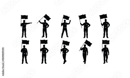 set of tour bus guides holding flags in various poses silhouette on white background