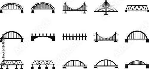 Bridge silhouette icons, engineering structures, civil architecture, suspension bridge, arch bridge, truss bridge, infrastructure design, vector set, black graphic, isolated