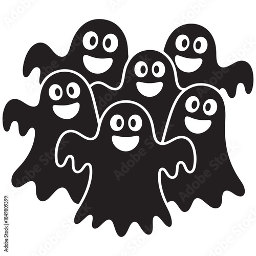 Smiling ghost characters in a group, cute black and white illustration
