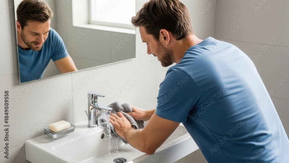 Obraz premium Man washing hands in bathroom, looking at mirror, hygiene concept.