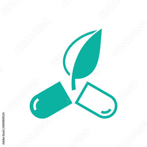 Vegetarian capsules icon with pills and plant, vegan, healthy and natural