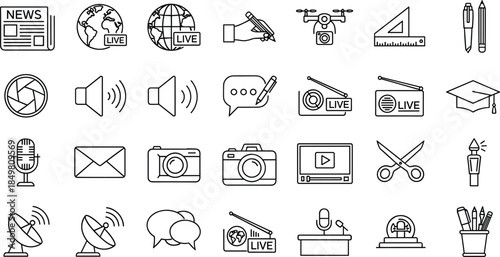 Media, communication, education, technology, journalism, broadcast, school, learning, icons, line style, black and white, vector, minimal, UI, infographic, digital, interface, tools, symbols, outline