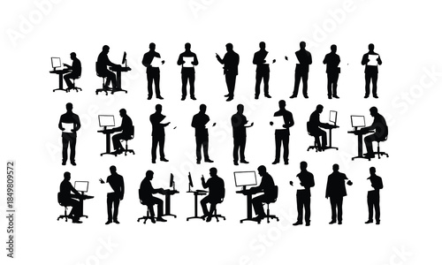 set of translators typing documents in various poses silhouette on white background