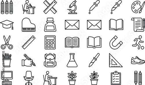 School icons, education tools, student supplies, academic symbols, classroom essentials, learning equipment, stationery set, science art, creative study graphics