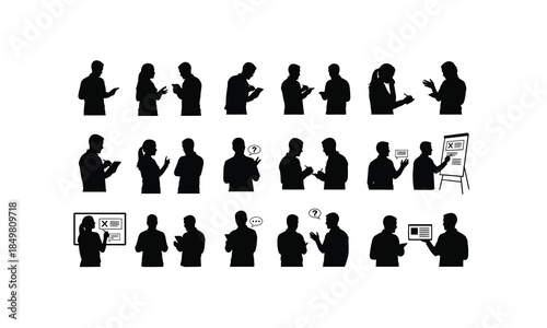 set of UX researchers interviewing users in various poses silhouette on white background