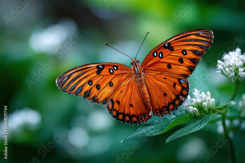 Vibrant orange butterfly perched on flowering plant in a lush garden setting