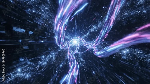 Dynamic journey through a futuristic digital tunnel, featuring glowing blue and pink light trails