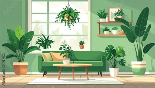 Flat Vector Interior Scene with Exchange of Air-Purifying Houseplants Promoting Healthy Living and Indoor Air Quality