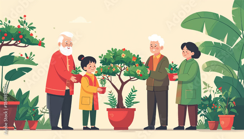 Flat Vector Illustration of Multi-Generational Chinese Family Exchanging Potted Plant, Family Bonding and Tradition