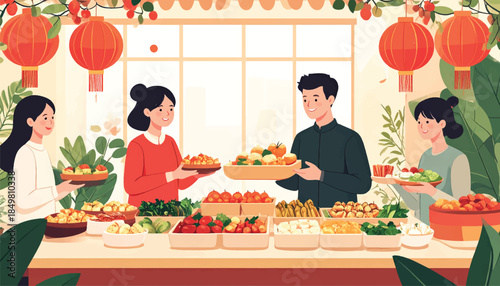 Flat Vector Illustration of Plant-Based Chinese New Year Feast with Guests Exchanging Gifts at Home