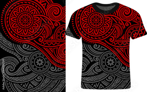 Polynesian, Hawaii, Australian, ethnic cultural, traditional dress, Tribal T-Shirt Apparel with Red and Grey Motifs, Winter seasonal jersey, t shirt vector, jersey template.