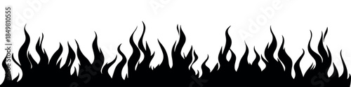 Border fire flame. Flaming pattern. Flammable horizontal line. Black on white. Decorative burning mockup. Cartoon fiery tattoo template. Hot temperature. Vector illustration