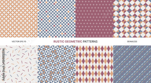 Rustic seamless vector pattern set with geometric diamonds, crosses, grids, triangles, stripes in muted mauve blue beige tones fall winter cozy interior textile fabric wrapping modern vintage decor