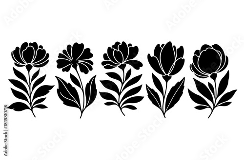 Black floral silhouette set with blooming peony tulip and rose flowers with stems and leaves icons
