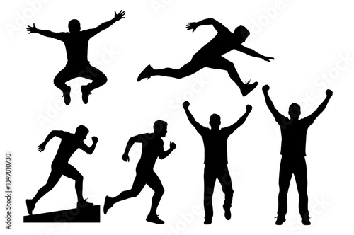 Active male silhouette set with man jumping running sprinting and standing with raised arms for victory icons
